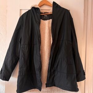 Zara Black Rubberized Rain Jacket with Cream Fleece Lining
